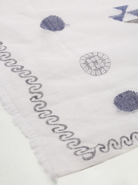 ASVA Off-White Hand Block Printed Cotton Scarf with Blue Chakra Design