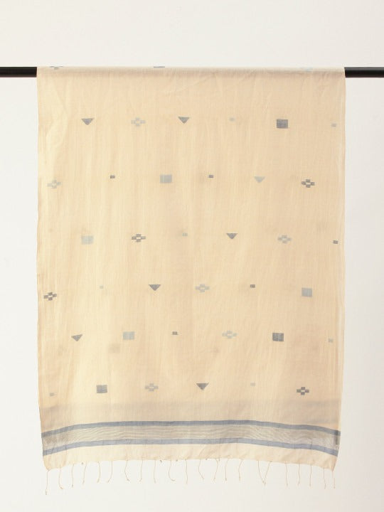 ASVA Women's Cream Khadi Cotton Scarf with Blue Border Jamdani Work