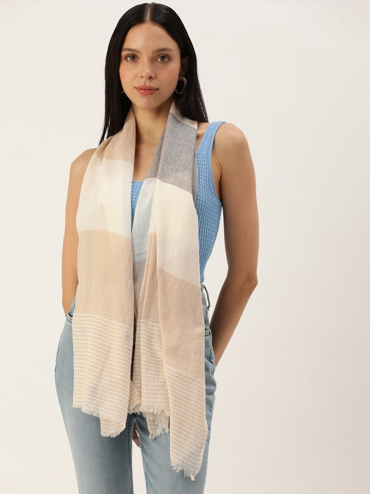 ASVA Handwoven Cotton Scarf White, Grey & Beige Stripes