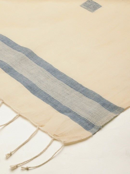 ASVA Women's Cream Khadi Cotton Scarf with Blue Border Jamdani Work