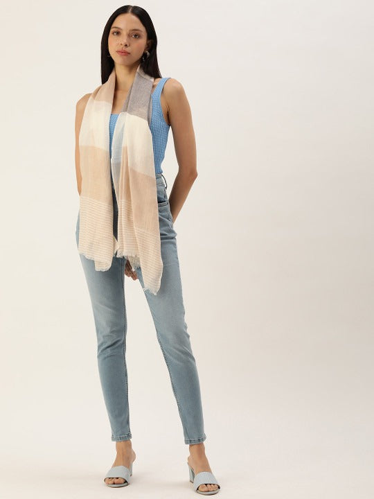 ASVA Handwoven Cotton Scarf White, Grey & Beige Stripes