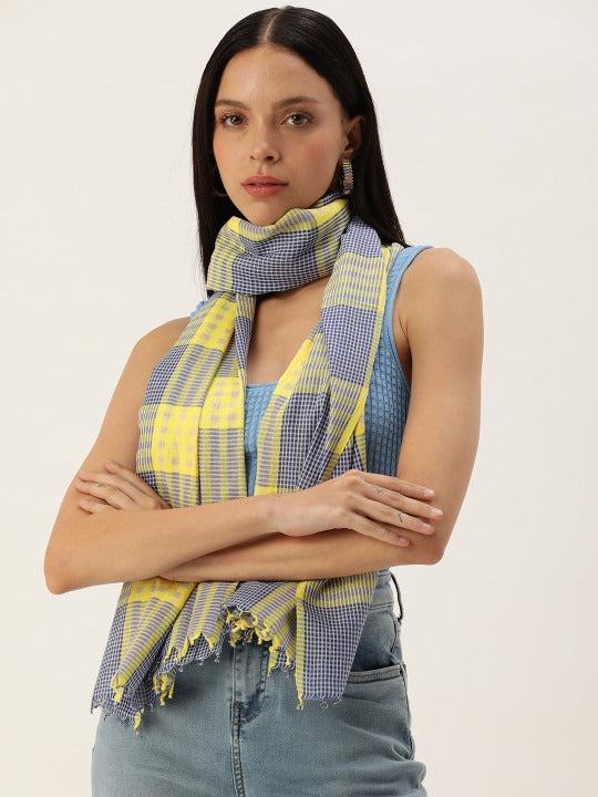 ASVA Handwoven Yellow, Blue & White Cotton Checkered Scarf