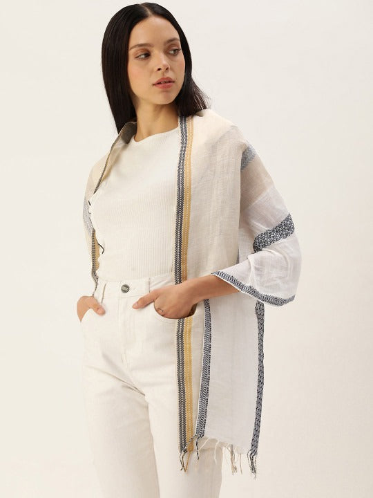 ASVA Handwoven White and Beige Cotton Linen Scarf with Jacquard weave