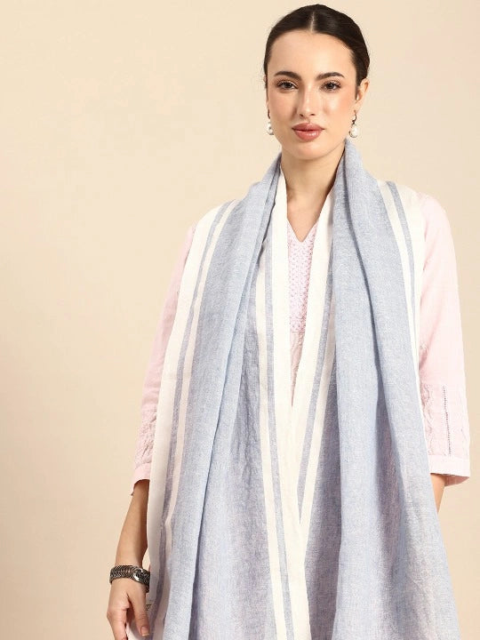 Blue Linen Scarf with White border