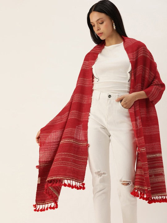 Handwoven Red Silk Wool Scarf with Beige & Tassels