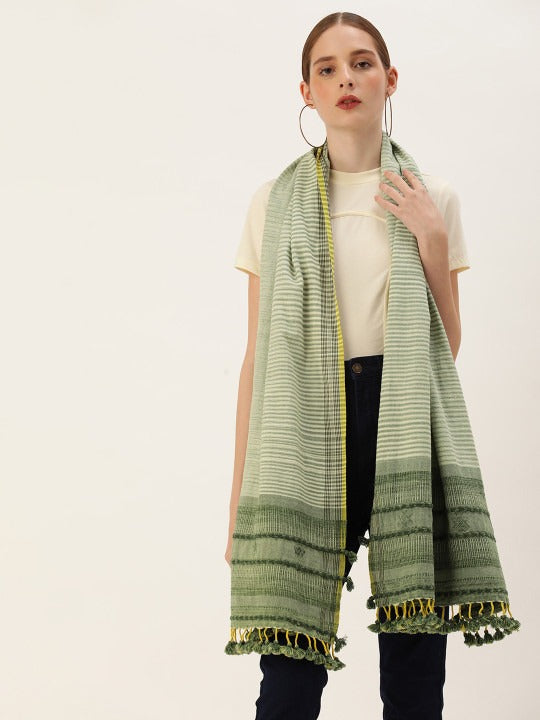 ASVA Handcrafted Cotton Scarf in White & Green with Tassels