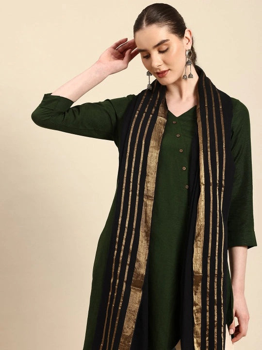 Handwoven Black Cotton Dupatta with Zari Stripes and Black Selvedge