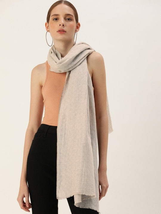 ASVA Women's White & Brown Small Checks Cotton Scarf with Frayed Edges