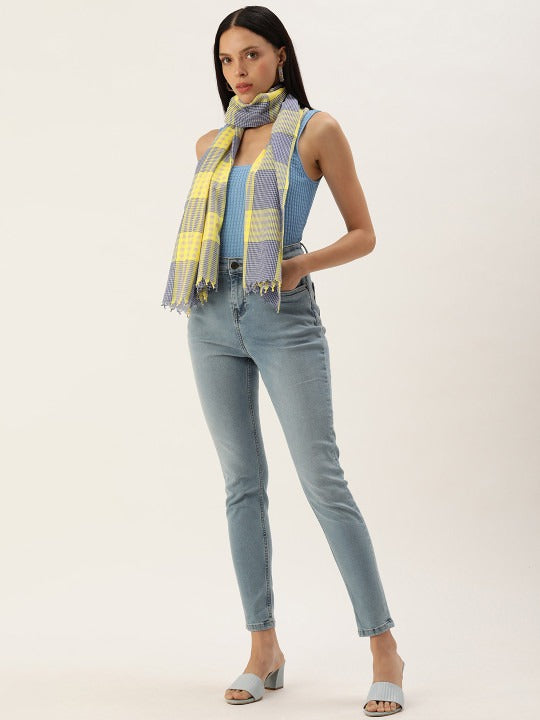 ASVA Handwoven Yellow, Blue & White Cotton Checkered Scarf