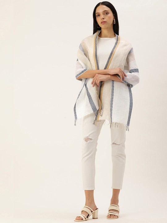 ASVA Handwoven White and Beige Cotton Linen Scarf with Jacquard weave