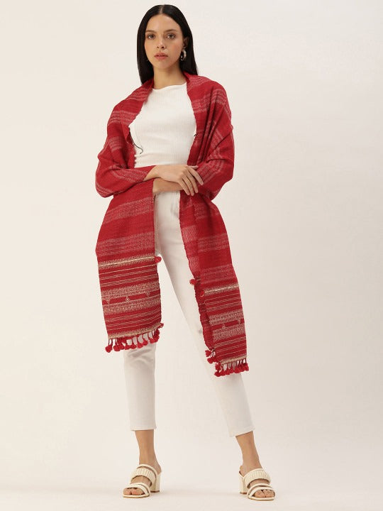 Handwoven Red Silk Wool Scarf with Beige & Tassels