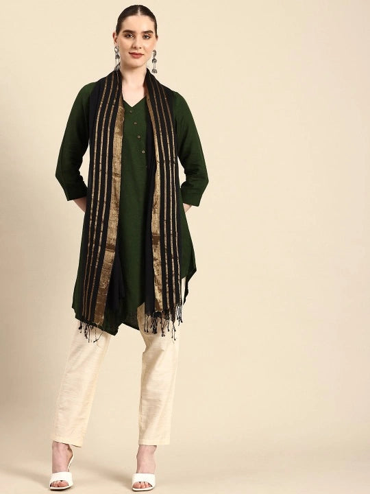 Handwoven Black Cotton Dupatta with Zari Stripes and Black Selvedge