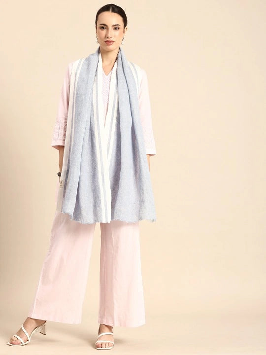 Blue Linen Scarf with White border