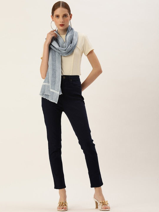 ASVA Handwoven Blue Striped Cotton Linen Scarf