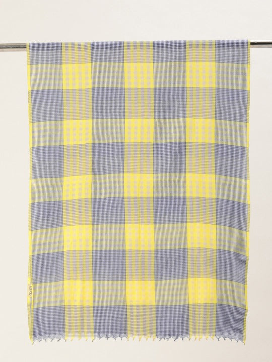 ASVA Handwoven Yellow, Blue & White Cotton Checkered Scarf