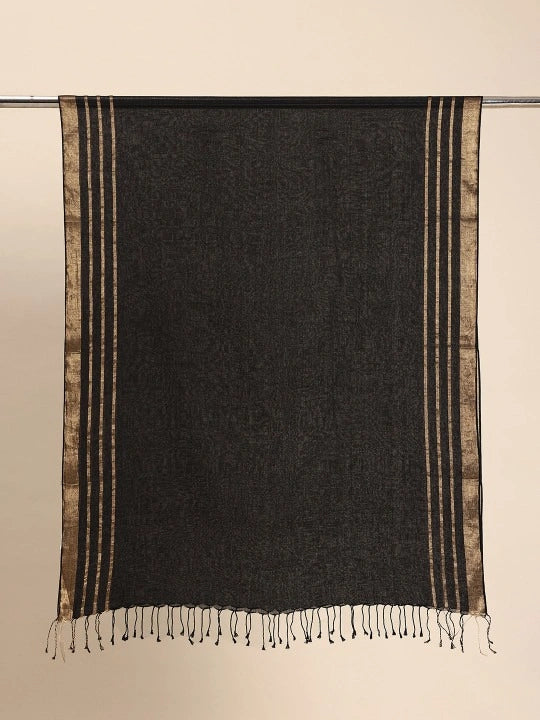 Handwoven Black Cotton Dupatta with Zari Stripes and Black Selvedge