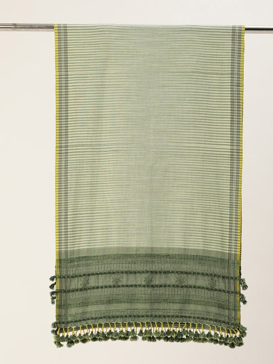 ASVA Handcrafted Cotton Scarf in White & Green with Tassels