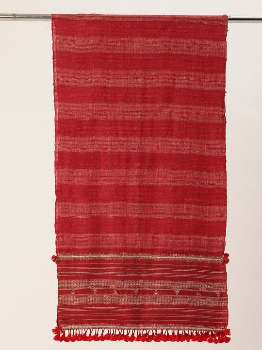 Handwoven Red Silk Wool Scarf with Beige & Tassels