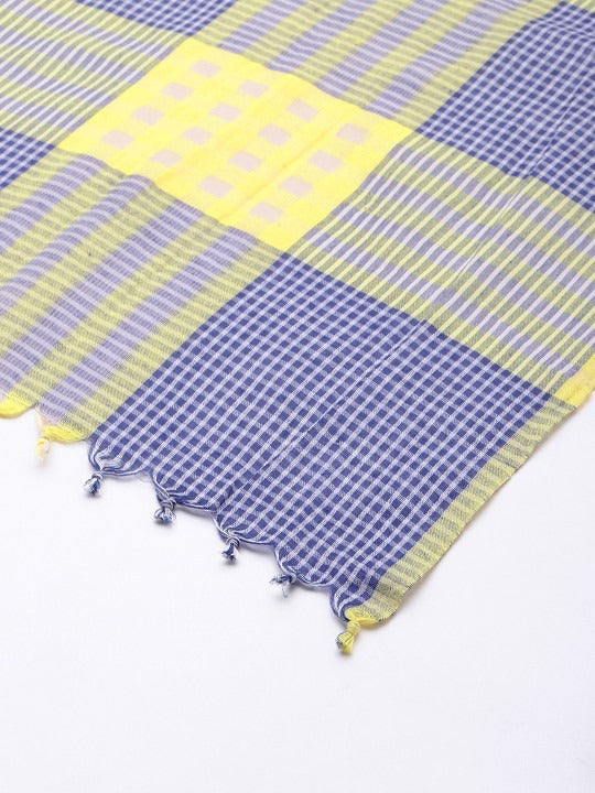 ASVA Handwoven Yellow, Blue & White Cotton Checkered Scarf