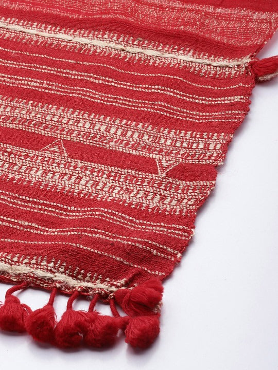 Handwoven Red Silk Wool Scarf with Beige & Tassels
