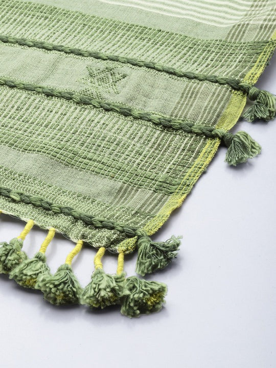 ASVA Handcrafted Cotton Scarf in White & Green with Tassels