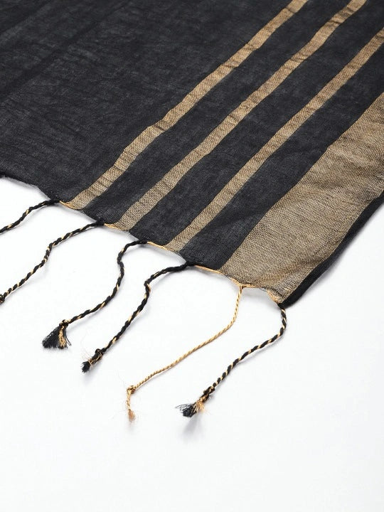 Handwoven Black Cotton Dupatta with Zari Stripes and Black Selvedge